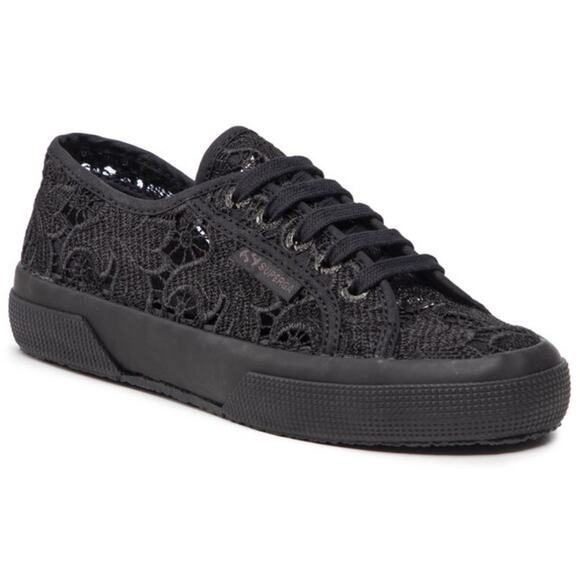 Superga Unisex Total Black Cotton 2750 Macrame Sneakers Size Women's 5 Men's 3.5 - Picture 1 of 7